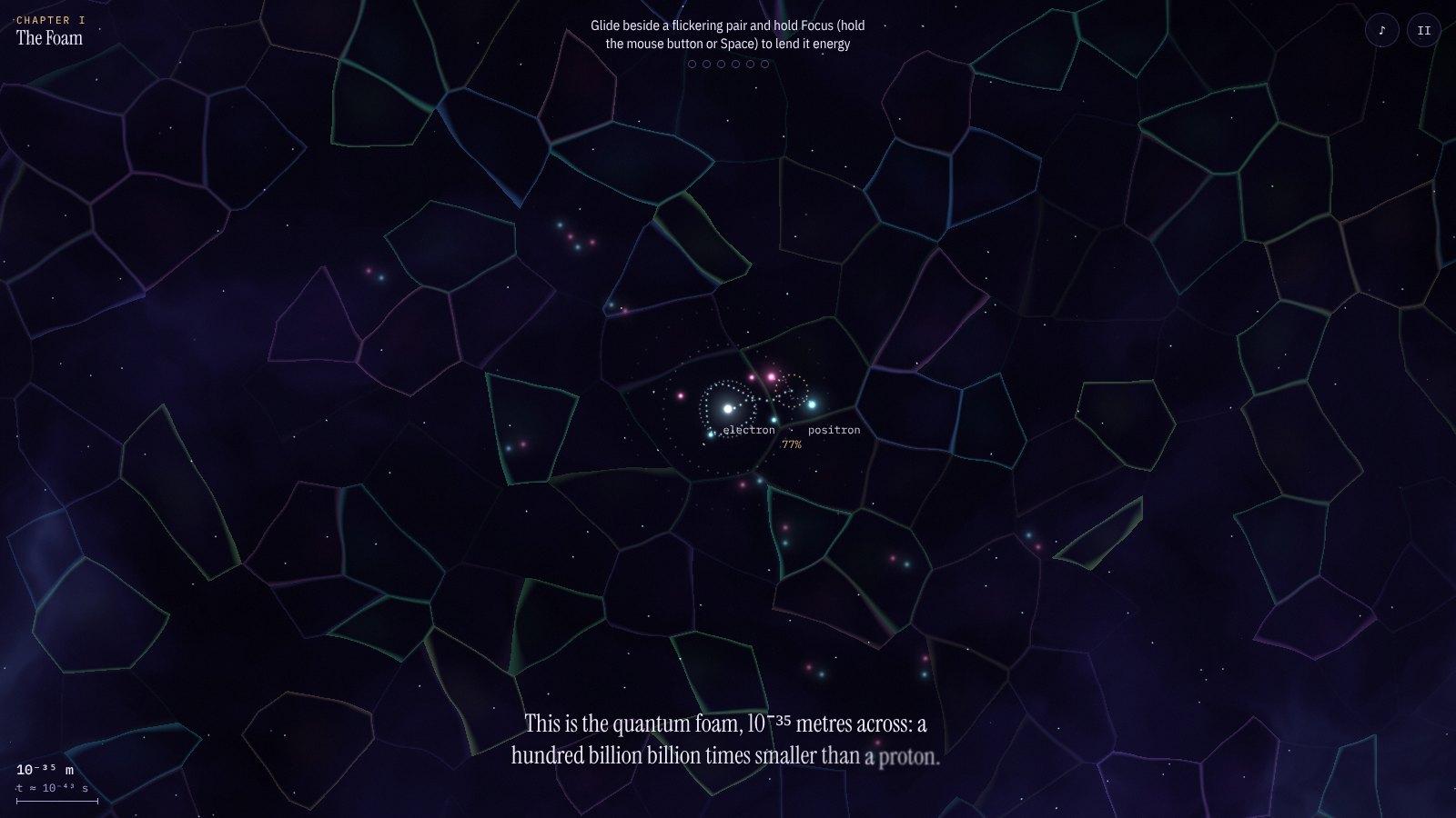 A glowing particle pair in shimmering, iridescent quantum foam