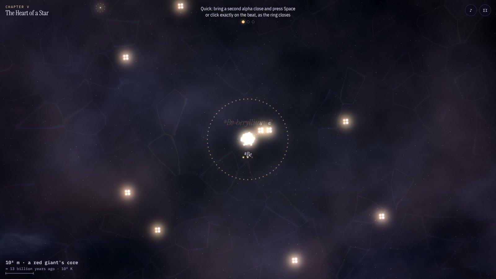 A golden nucleus surrounded by drifting alpha particles in a red stellar core